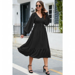 Kevadine ja s&uuml;gisene naiste kleit V-kaelusega volangidega pikk kleit Temperament elegantsed mugavad kiiksud kleidid S must