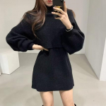 Pulloveri komplekt s&uuml;gis-talvine ni&scaron;&scaron; latern varrukas poolk&otilde;rge krae massiivne sall kootud kaheosaline kleit kampsun naistele One Size khaki