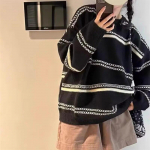 &Uuml;markaelusega triibuline naiste kampsun s&uuml;gisel ja talvel, uus korea versioon retro avara liibumisega pehme kleepuv kootud topp naistele One Size must