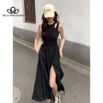 Korea stiilis uus pikk kleit &scaron;ikk vestikleit Liibuv liibuv v&ouml;&ouml;kohaga salendav poolitatud &uuml;hev&auml;rviline varrukateta kleit XS must