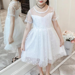 Lastekleit Kevadsuvi O-kaelusega Lasteriided T&uuml;drukute riided Wave Point L&uuml;hikeste varrukatega Kleit T&uuml;drukutele Ruffle Loor 160 valge