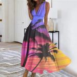 Women's Hawaiian floral print long skirt with V-neck and sleeveless fashionable beach skirt L roheline
