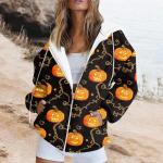 Naiste vabaaja Halloweeni printiga pikkade varrukatega kampsun, tasku jakk T&otilde;mblukuga kapuutsiga mantel L must