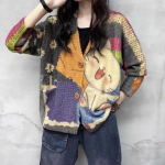 Harajuku Retro naaritsa karusnahk naised s&uuml;gistalv kootud jakk mantel Mood riided Vintage lilleprint V kaelus kootud kampsunid Lady lahtised kardiganid 3XL