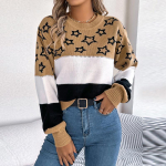Kootud S&uuml;gis-Talvised Naiste Kampsunid Vabaaja V&auml;rviplokkide T&auml;htede Patchwork &Otilde;&otilde;nes Laterna Varrukaga Pullover S khaki