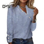 Naiste kevads&uuml;giss&auml;rk Triibuline V&auml;rv Sobiv Nupp Decor Kaldus kaelus Pikad Varrukad Pehme Pullover Pehme Keskmise Pikkusega vabaaja topp XL sinine