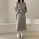 Korea &uuml;hev&auml;rviline Polo Collar Plus sametine avar pikk kleit s&uuml;giseks ja talveks One Size tumehall v&auml;rv