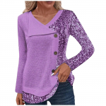 Women's fashion top V-neck button-up long-sleeved top L