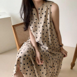 Summer Elegant Round Neck Design Loose Casual Long Polka Dot Dress for Women Dresses S khaki