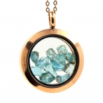 Pierres et Min&eacute;raux. Collier Apatite Paraiba brut. Mod&egrave;le M&eacute;daillon 25 mm. Couleur Or rose.