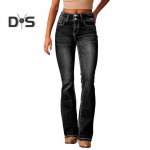 Naiste retro teksad taskutega keskmise v&ouml;&ouml;kohaga n&ouml;&ouml;bi ja lukuga kinnitusega venivad teksap&uuml;ksid &uuml;hev&auml;rvilised slim-fit laienevad p&uuml;ksid igap&auml;evaseks peoks t&ouml;&ouml;le S must