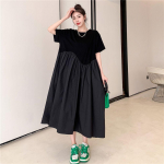 Suures suuruses suvised plisseeritud mustad vintage kleidid naistele Suurte l&uuml;hikeste varrukatega vaba vabaaja kleit Korea r&otilde;ivad L must