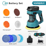 YOFIDRA 150mm Elektriline Autopoleerija 8 K&auml;iku Juhtmeta T&otilde;hus Puhastus Vahatamine Lihvimine Poleerija Ilut&ouml;&ouml;riist Makita18V-21V Akule 2xBattery- EU Plug