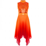 T&uuml;drukute liturgiline tantsukleit k&otilde;rge kaelusega, varrukateta, as&uuml;mmeetrilise &auml;&auml;rega, s&auml;delevate litritega pihik, l&uuml;&uuml;riline kost&uuml;&uuml;m 5-6 Years punane