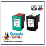 HP 338 - HP 343 - HP Deskjet 3200 460C 460CB 460WBT 5700 5740 5740XI 5745 6520 6520-XI 6540 Lot 2 cartouches compatible HP338 HP343