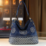 Euroopa ja Ameerika Mood Retro Mood Teemantidega Kaunistatud Suure Mahutavusega Teksist Kuumstantsitud Vabaaja &Otilde;la- v&otilde;i Crossbody Kott sinine