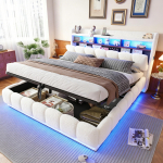 Polsterdatud voodi 180*200 h&uuml;draulilise panipaiga, lambanahaga, LED-valgusriba ja USB-pistikuga, metallist lippresti raam, eriti suur panipaik, valge 224 x 190 x 112 cm valge