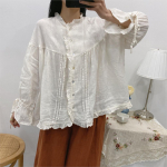 Johnature Ruffles Linased pitsilised naiste s&auml;rgid Topid Kevadsuvi Vintage Mori avara l&otilde;hikuga naiste pluusid One Size elevandiluuvalge