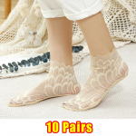 5/10 paari naiste pitslillega v&otilde;rksokid, libisemiskindlad n&auml;htamatud voodriga sokid, naiste elastsed mugavad &otilde;hukesed l&auml;bipaistvad hingavad pahkluu sokid 10 Pairs beež