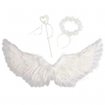 1 komplekt Halloweeni inglikost&uuml;&uuml;mi komplekt kunstsule valged tiivad kepp juuksev&otilde;ru kolmeosaline komplekt maskeraad cosplay peo rekvisiidid ingli tiibade komplekt S valge