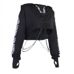 Frauen Gothic Reflektierende Druck Hoodies Crop Top Pullover Pusa džemprid Abnehmbare O-r&otilde;ngaga Kette L must
