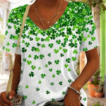 Clover Print T-s&auml;rk, vabaaja l&uuml;hikeste varrukatega V kaelus kevadeks ja suveks, naiste riided S
