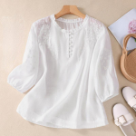 Naiste suvine kirjanduslik avar puuvillane linane pluus Tikitud lillen&ouml;&ouml;pidega V-kaelusega poolvarrukatega s&auml;rk 2XL