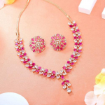 Estele Rose Gold Designer kaelakeekomplekt CZ lille- ja rubiinikividega naistele
