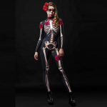 Naised Lapsed Halloweeni Cosplay Kost&uuml;&uuml;mid Vanema-lapse varustus Kolju luustik 3D Skelett Lilletr&uuml;kiga pikkade varrukatega Body Jumpsuits XXXXXL must