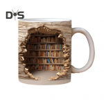 Raamaturiiuliga kruus 3D Novel Ceramic Cup 11oz Retro Art Style Coffee Cup Dekoratiivne raamaturiiulikruus kodukaunistuseks Mugav haardega teekruus A