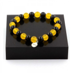 Pierres et Min&eacute;raux. Bracelet Perles Agate jaune + Agate noire 8 mm. Fabriqu&eacute; en France.