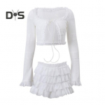 Naiste Seksikas Kaheosaline Miniseelikute Komplekt Madala V&ouml;&ouml;kohaga Volangidega Astmeline Seelik L&uuml;hike Pluus Pikkade Kellukatega Varrukatega Seotav L&uuml;hike Top Komplekt Peo Klubi Riietus S valge