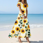 Naiste vabaaja moeprint pikk kleit V-kaeluse ja l&uuml;hikeste varrukatega L