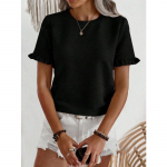 Naiste suvine &uuml;mmarguse kaelusega volangidega l&uuml;hikeste varrukatega T-s&auml;rk L must