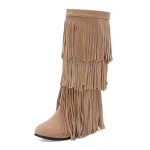 Suurused Frosted Suede Materjal Kolm Rida Tuttidega Peened Triibud Lame Tald Kaldus Kontsad Retro Vahetald Saapad 39 beež