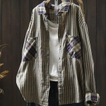 Johnature Naiste Vintage Ruudulised S&auml;rgid Patchwork V&auml;rvi Allak&auml;&auml;ndekaelus Pikkade Varrukatega Nuppudega Taskutega Pluusid S&uuml;giss&auml;rgid One Size gray