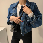 Korea Mood Naiste alla keeratava kraega teksajakk, vaba l&otilde;ikega, puhvvarrukatega, l&uuml;hike jakk, naiselik &scaron;ikk retro teksajakk, &uuml;laosa, pluss suurus One Size sinine