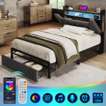 Polsterdatud voodi USB Type C laadimisega, panipaiguga peatsi, LED-valgustuse ja sahtlitega, 90 x 200, Voodiraam, Lamellraam, Metall, Hall (Ilma madratsita) 217 x 91 x 110 cm hall