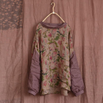 Johnature Naised Vintage Patchwork Print Lillelised s&auml;rgid Topid Kevad Naiste riided Hiina stiilis T-s&auml;rgid T-s&auml;rgid One Size roheline