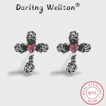 Uued Retro Ruby Rose Cross Stud k&otilde;rvar&otilde;ngad Naistele Lillepunased t&auml;istsirkoon originaal Sterling S925 h&otilde;bedased aastap&auml;eva kingitused h&otilde;be