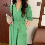 Korea stiilis lihtne V-kaelusega &uuml;hev&auml;rviline topelttaskuga pitsiline v&ouml;&ouml;kohakleit naisele vabaaja elegantne peokleit one size roheline