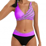 2 tk/komplekt Naiste seksikas bikiinikomplekt, kontrastv&auml;rviline triibuline printimine, polsterdatud rinnahoidja k&otilde;rge v&ouml;&ouml;kohaga p&uuml;ksid, Push Up ujumistrikoo S must