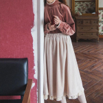 WTEMPO Vintage velvetist pikad seelikud naistele kevad-s&uuml;gis Jaapani Kawaii Lolita Lace Patchwork Elegantsed k&otilde;rge v&ouml;&ouml;kohaga seelikud S beež