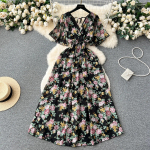 Mere&auml;&auml;rne p&uuml;hadeaegne Sle tr&uuml;kitud &scaron;ifoonist kleit naistele suvine uus V-kaelusega v&ouml;&ouml;koht kallistav keskmise pikkusega suur kiikseelik mood One Size musta oa v&auml;rv