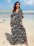 EDOLYNSA Plus Size Boho mustvalge leopardimustriga Kaftani rannar&otilde;ivaste ujumistrikoo kate naistele 2024. aasta suvine rannakleit, avar Caftan majakleit Q1609 One Size must/valge