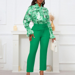 Naiste 2-osaline komplekt Vintage Fashion Print pikkade varrukatega s&auml;rk+p&uuml;ksid, 2-osaline kontorikomplekt vabaaja elegantne naiste kaheosaline komplekt koos v&ouml;&ouml;ga M roheline