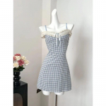 Uus kvaliteetne ruuduline pitsist &uuml;hes t&uuml;kis kleit Korea moe suvine spagetirihmaga kleit &otilde;lgadeta p&auml;ikesekleit Sweet Elegant S sinine