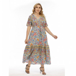 (M ~ 4XL) Boho lillemustriga pikk kleit naistele V-kaelusega l&uuml;hikeste varrukatega k&otilde;rge v&ouml;&ouml;kohaga lapiline maksikleit vabaaja moodne hingav kerge plusskleit M heleroheline v&auml;rv