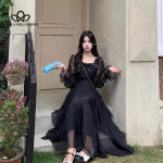 Lips v&ouml;&ouml;kohal Prantsuse t&uuml;druku volangidega kleit Naiste suvine uus v&auml;ike &otilde;rn haldjakleit Haldja pikk kleit S must