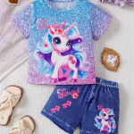 Magical Unicorn Print Girls l&uuml;hikeste varrukatega top ja ponip&uuml;ksid, 2 tk komplekt &ndash; imearmas suvine vabaajariietus puhkuseks 100